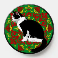 Black and White Tuxedo Cat on Fancy Background PopSocket