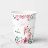 Watercolor Floral Giraffe Ribbon Girl Birthday  Paper Cups