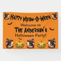 Happy Meow-O-Ween Black Cat Jack-o-Lantern Orange Banner