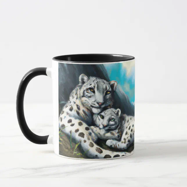 Mother Snow Leopard and Cub in the Mountains Mug