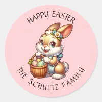 Personalized Vintage Easter Bunny and Basket Classic Round Sticker