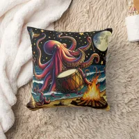 Octopus Drumming by the Moonlit Ocean Fire Throw Pillow