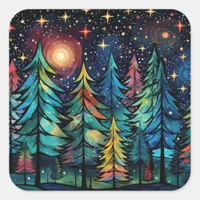 Colorful Pines on a Starry Winter Night Square Sticker