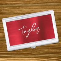 Rose Red Foil Modern Brush Script First Name Business Card Case