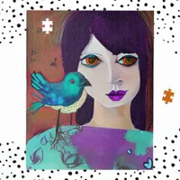 Abstract Girl and Bird Purple and Teal Jigsaw Puzzle