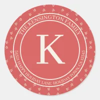 Rustic Minimal Winter Red Monogram Return Address Classic Round Sticker