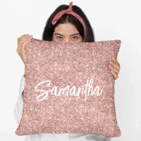 Luxury Rose Gold Glitter Brush Script Name Throw Pillow