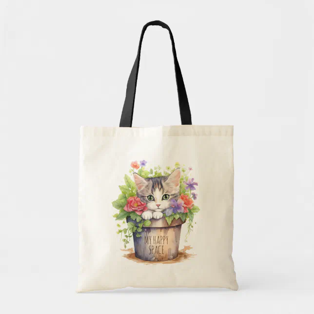 Cute Kitten in a Garden Pot Cat Watercolor Art Tote Bag