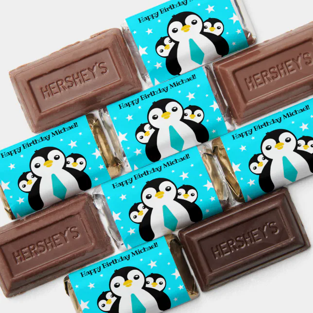 Cute Happy Birthday Boy Penguins Blue Neckties Hershey's Miniatures