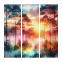 Misty Forest Watercolor Sunrise Nature | Triptych