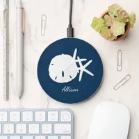 Coastal Beach Navy Blue Starfish Sand Dollar Wireless Charger