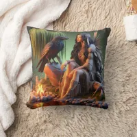 Native American Woman With Raven by Water at Dusk Throw Pillow