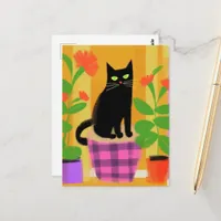 A Cute Black Cat With Plants Postcard