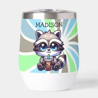 Cute Kawaii Raccoon with Bubble Tea Personalized Thermal Wine Tumbler