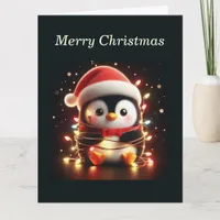 Cute Penguin Wrapped in Christmas Lights Card