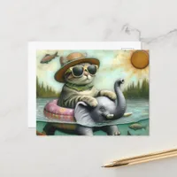 Adorable Cat on an Elephant at the Lake Fish Jump Postcard