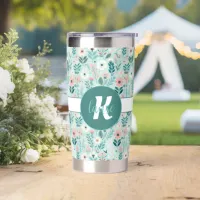 Pretty Blue and Pink Pastel Folk Art Flowers Insulated Tumbler