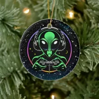 Alien Playing Video Games with Star Background Ceramic Ornament