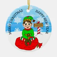 Hand drawn Christmas Elf Festive Personalized  Ceramic Ornament