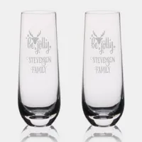 Monogram Christmas - Family Name Be Jolly Etched  Stemless Champagne Flute