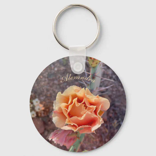 Pretty Peach Prickly Pear Flower Keychain