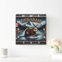 Canadian Beaver With Flag Near Scenic Mountains Square Wall Clock