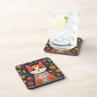 Whimsical Folk Art Cat and Flowers Beverage Coaster