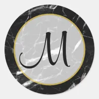 Black and White Marble Gold Monogrammed Classic Round Sticker