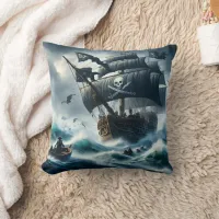 Pirate Ship Navigating Stormy Sea With Crew Throw Pillow