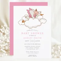 Stork Pink Clouds Bird Modern Girl Baby Shower Invitation