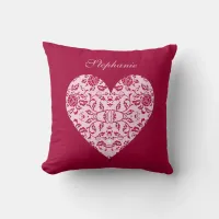 Elegant Flowery Pink and Red Damask Heart Throw Pillow