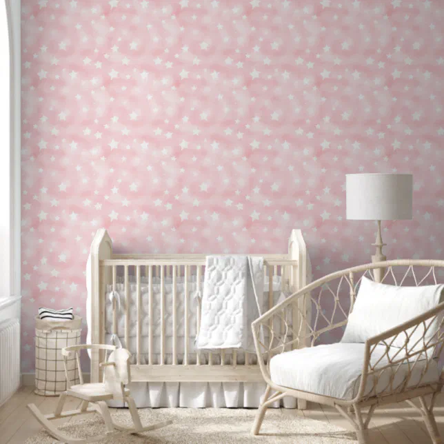Soft Watercolor PatternPink Stars for Nursery Room Wallpaper