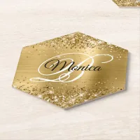 Glittery Gold Foil Fancy Monogram Pointed Paper Coaster