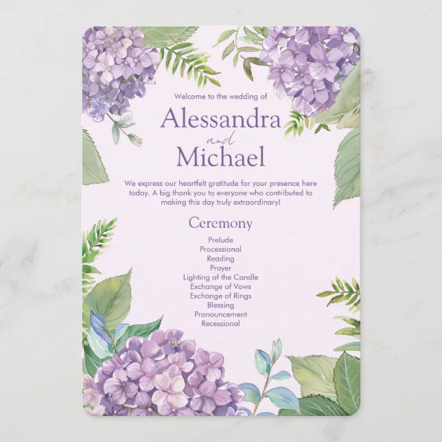 Watercolor Lavender Hydrangea Flowers Fern Wedding Program