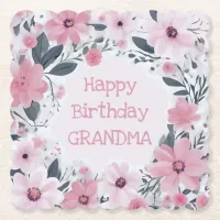 Happy Birthday Grandma Pastel Pink Flowers Floral Paper Coaster