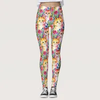 Whimsical Watercolor Flowers and Cats Colorful Leggings