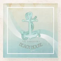 Beach House Nautical Anchor and Rope Aqua ID623 Glass Coaster