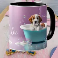 Cute puppy in a bathtub with soap bubbles mug