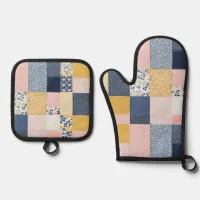 Pretty Patchwork Style Pink Blue Rustic Patterned Oven Mitt & Pot Holder Set