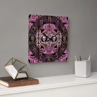 Goth Pink Ornament with Skull  Square Wall Clock