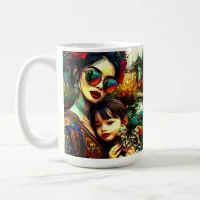 Colorful Art Mom and Daughter Asian Flower Garden Coffee Mug