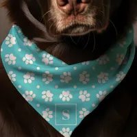 Teal And White Polka Dot Paw Print Monogram Dog Bandana