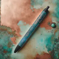 Grunge Copper Patina & Turquoise Verdigris Damask Black Ink Pen