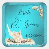 Teal Blue Aqua Turquoise Seashell Beach Wedding Square Sticker