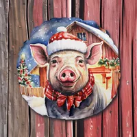 Cute Rustic Christmas Pig and Barn  Round Pillow