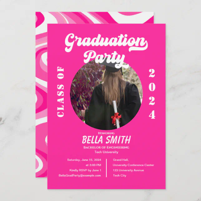 Retro Funky Hot Pink Graduation Invitation