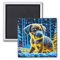 Cute Puppy Dog Playing in Snow Christmas Magnet