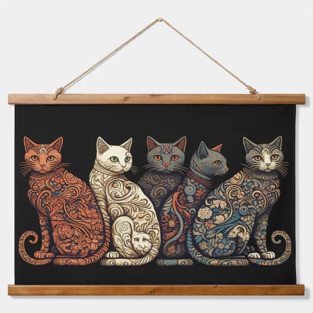Group of Cats in Victorian Wallpaper Style Hanging Tapestry