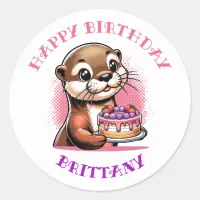 Otter Themed Girl's Birthday Party Photo Classic Round Sticker