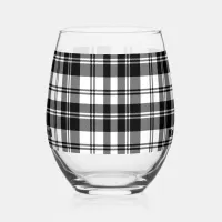 Simple Tartan Black and White Monogram Name | Stemless Wine Glass